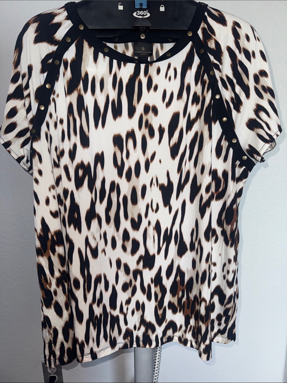 Worthington Leopard-Print Short Sleeve Top in Black and Brown